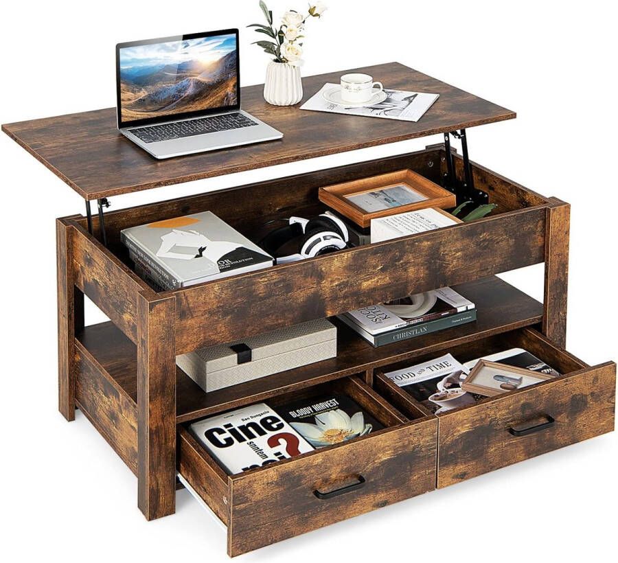 Salontafel in hoogte verstelbaar salontafel met optilbaar tafelblad en 2 laden uittrekbare woonkamertafel koffietafel van hout voor woonkamer en kantoor 106 x 50 x 48 cm
