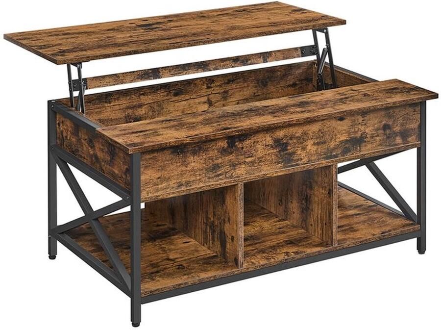 Furnibella Salontafel In hoogte verstelbare salontafel met opbergruimte en open vakken Bruin Zwart -60 x 100 x (48-62) cm