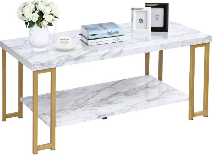Salontafel in marmerlook bijzettafel met plank gouden sofafel moderne koffietafel woonkamertafel rechthoekig 100 x 49 5 x 45 cm