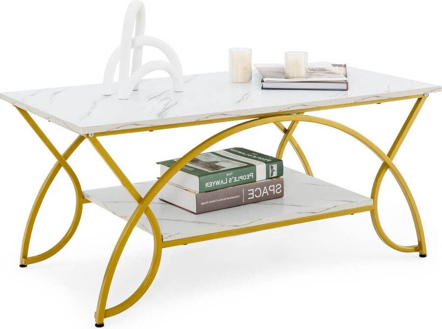 Salontafel in marmerlook koffietafel met plank en metalen frame woonkamertafel bijzettafel banktafel voor woonkamer 100 x 50 x 45 cm (goud-wit)