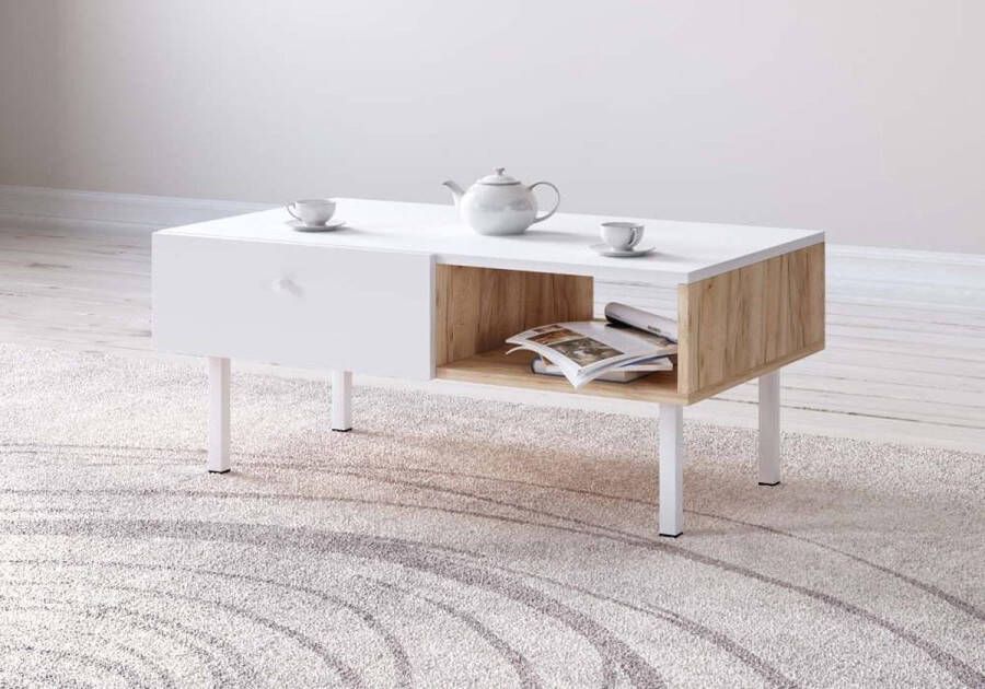 Salontafel Industrieel 90x51 6x38 cm – Artisan Eiken & Mat Wit – Industriele Salon Tafel – Witte Houten Koffietafel