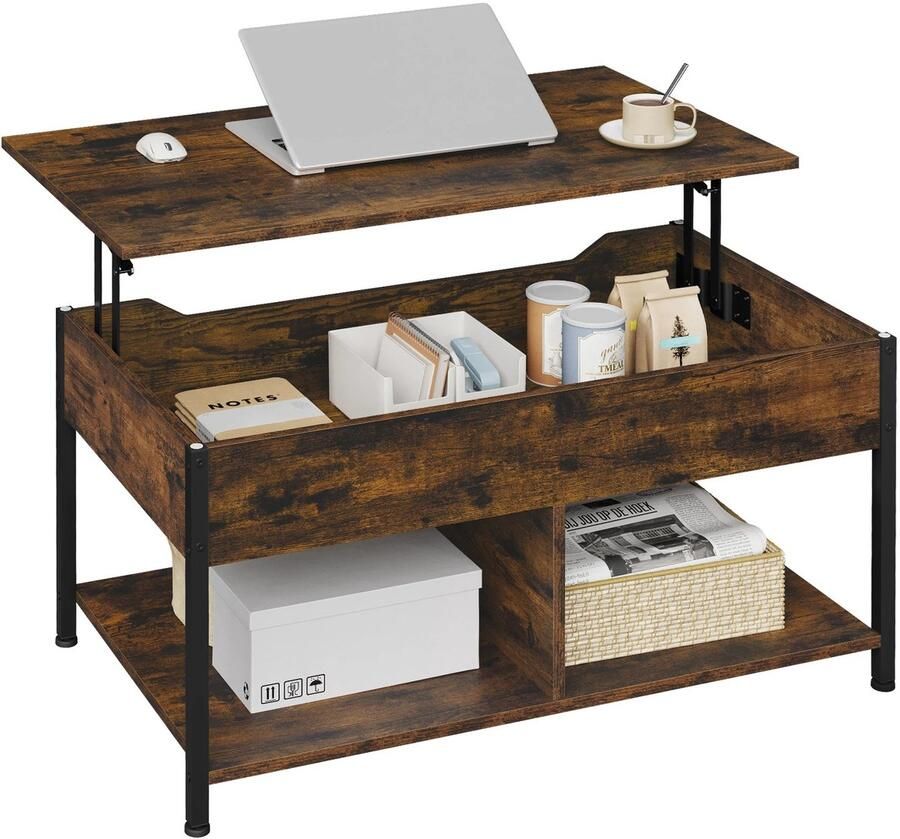 Salontafel Industriële Salontafel Woonkamer Bijzettafel Vintage Bruin Zwart 50x90x45CM Open Vakken en Verborgen Opbergruimte In Hoogte Verstelbaar Salontafel met Lift