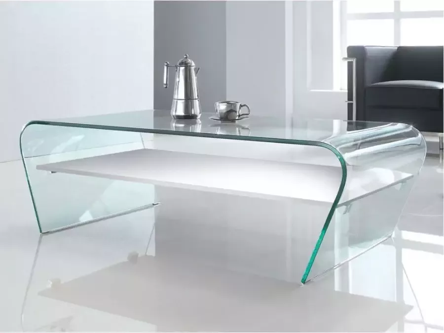 Vente-unique Salontafel KELLY Wit gehard glas schap wit gelakt L 120 cm x H 37 cm x D 60 cm - Foto 4