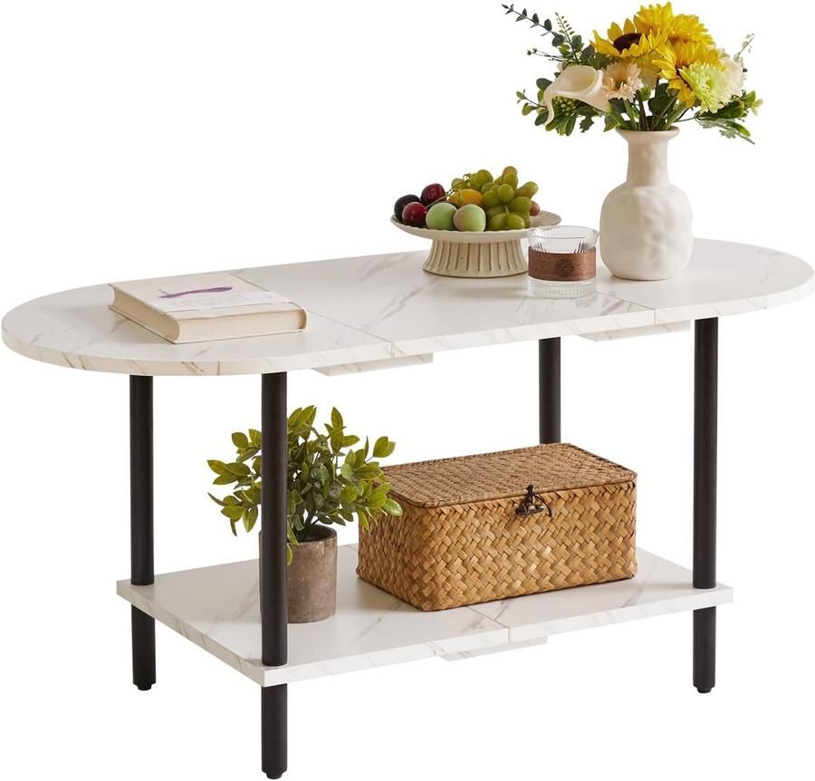 Retadou Salontafel kleine woonkamertafel banktafel met houten poten en 2-traps opbergruimte voor thuiskantoor in de woonkamer moderne stijl wit + zwarte pote