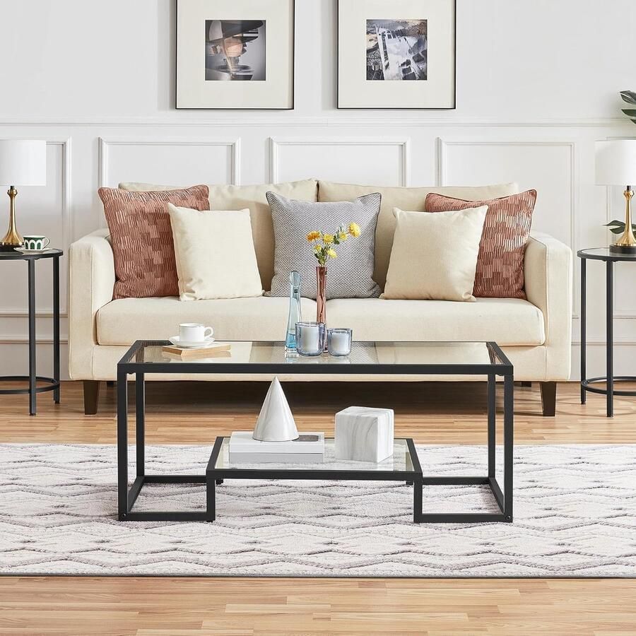 Salontafel koffietafel 2-traps salontafel van gehard glas en metalen frame moderne bijzettafel met plank glazen tafel voor woonkamer terras balkon 106 × 50 × 45 cm zwart