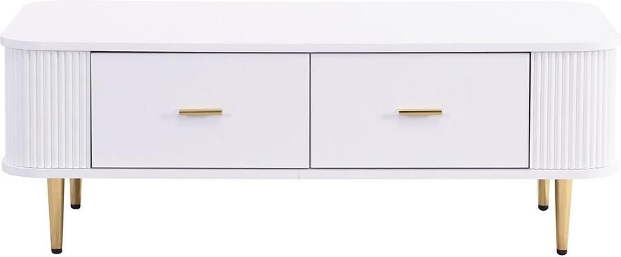 Salontafel koffietafel bijtafel opbergtafel Met 4 laden Ontwerp met gegolfde zijwanden en gebogen hoeken Moderne minimalistische uitstraling met gouden handgrepen en poten 105x51x38 cm Wit