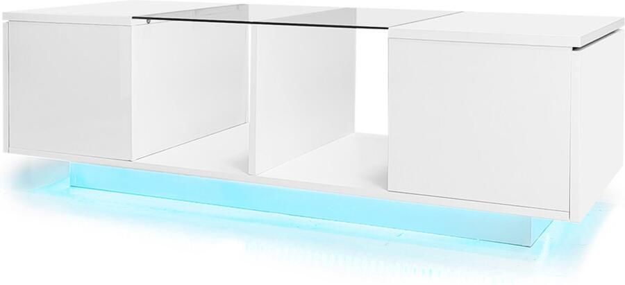 Salontafel koffietafel bijtafel opbergtafel met kleurveranderende LED-verlichting 2 open compartimenten en 2 verborgen compartimenten ontwerp met hoogglansoppervlakte en verhard glas tafelblad 120 x 50 x 38 5 cm wit