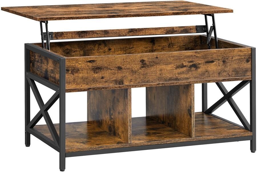 Salontafel koffietafel bijzettafel opbergtafel met deels verstelbaar tafelblad en meerdere opbergvakken stevig en duurzaam metalen frame geschikt voor woonkamer keuken en slaapkamer 50 x 100 x (49-62) cm bruin