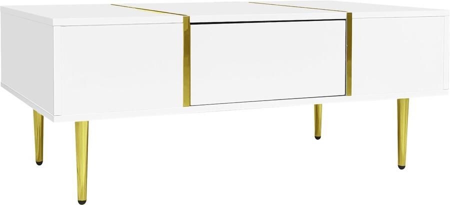 Salontafel koffietafel opbergtafel met 2 laden Hoogglans tafelblad Modern minimalistisch ontwerp met gouden streepdecoraties en gouden tafelpoten 100x60x41 5 cm wit