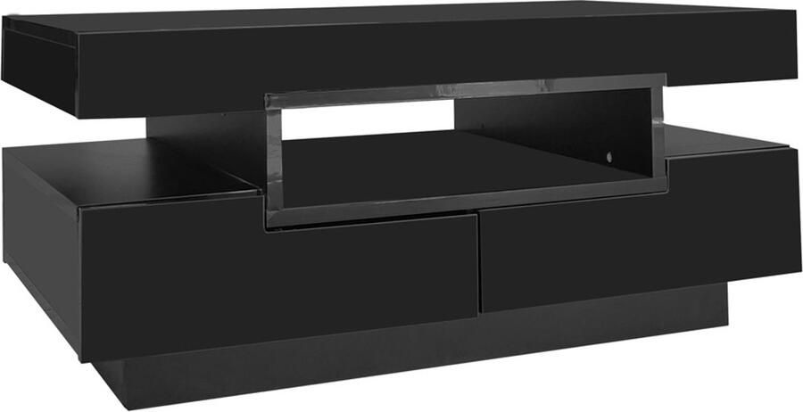 Salontafel Koffietafel Opbergtafel met Kleurveranderende LED-verlichting 2 Lades aan de Voor- en Achterkant en Open Display Oppervlak Hoogglans Afwerking 80x50x36 cm Zwart