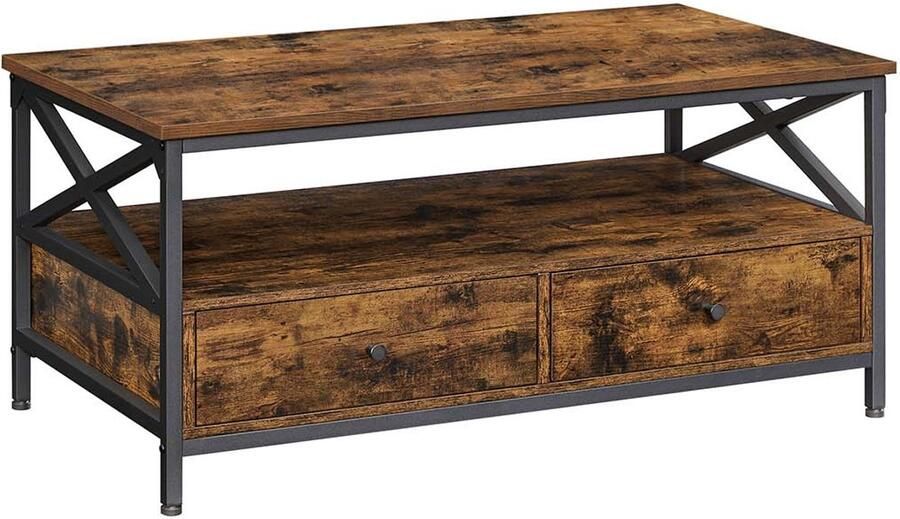 Salontafel koffietafel opbergtafel multifunctioneel opbergmeubel met 2 lades en 1 open vak stevig X-vormig metalen frame geschikt voor woonkamer keuken en slaapkamer 100 x 55 x 45 cm bruin en zwart