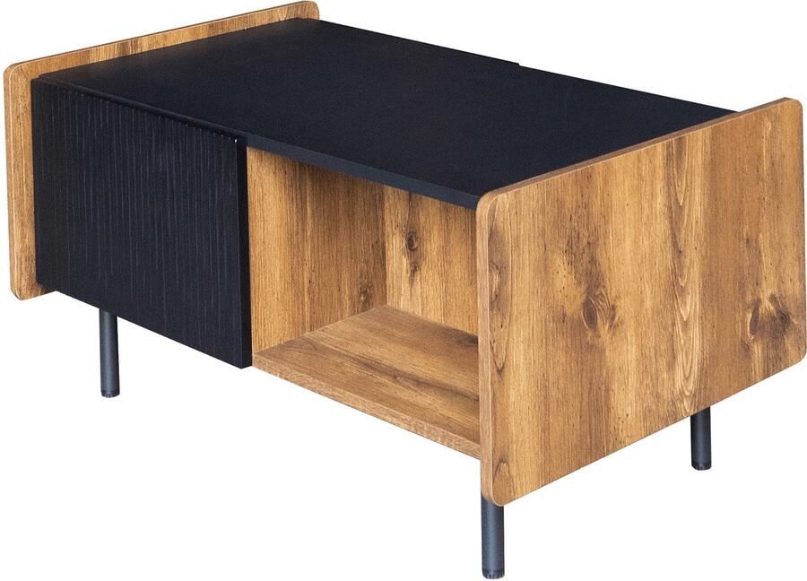 Salontafel koffietafel opbergtafel zijktafel met 2 open compartimenten en 2 deuren ontwerp met houtachtige texturen gecombineerd met zwarte panelen met verticale golvende strepen 90 x 55 x 45 5cm houtkleur
