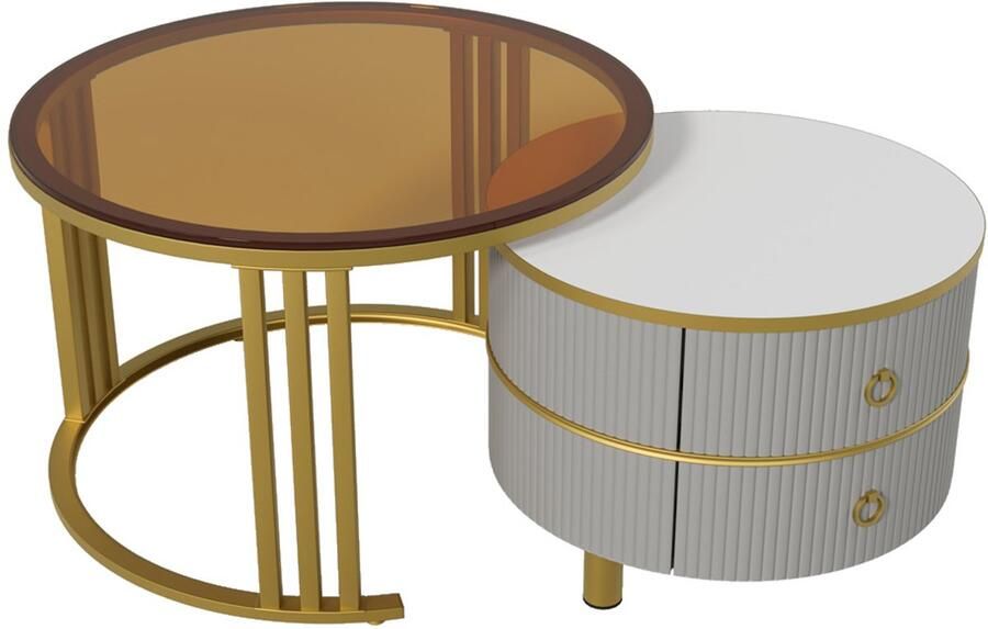 Salontafel Koffietafel Set van 2 Stuks met Stapelbaar Ontwerp Bruine Geharde Glazen Tafelblad 2 Lades 70x70x46 + 50x50x40 cm Goudkleurig+ Grijs