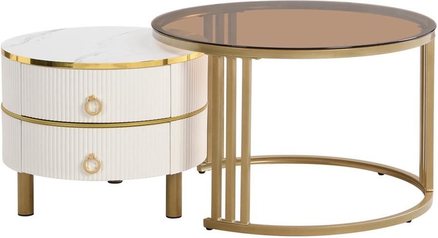 Salontafel Koffietafel Set van 2 Stuks met Stapelbaar Ontwerp Bruine Geharde Glazen Tafelblad 2 Lades 70x70x46 + 50x50x40 cm Goudkleurig+ wit