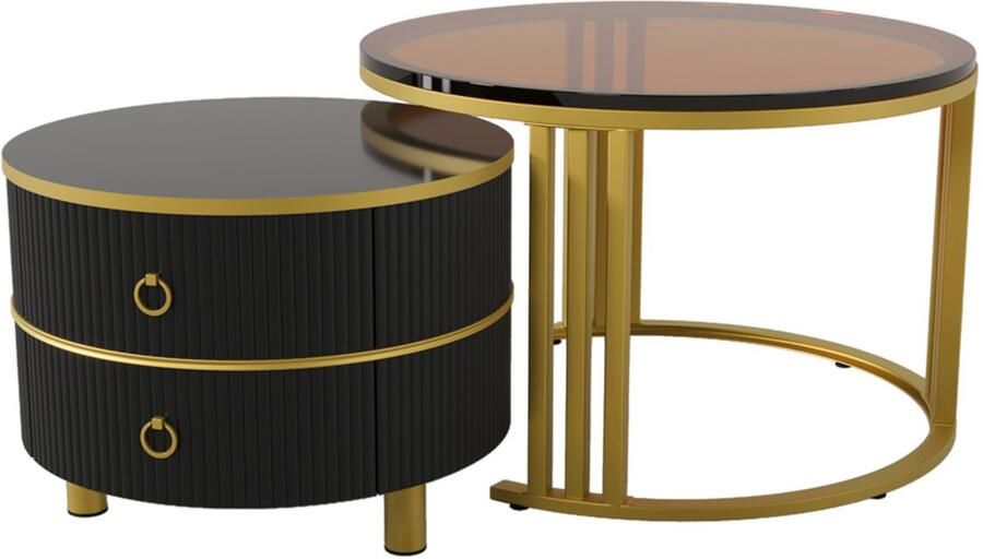 Salontafel Koffietafel Set van 2 Stuks met Stapelbaar Ontwerp Bruine Geharde Glazen Tafelblad 2 Lades 70x70x46 + 50x50x40 cm Goudkleurig+ Zwart