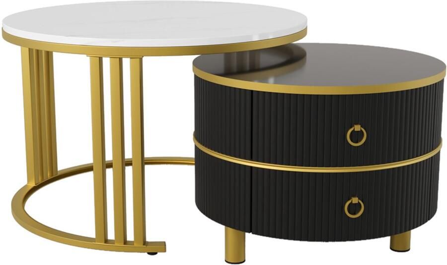 Salontafel Koffietafel Set van 2 Stuks met Stapelbaar Ontwerp Marmerlook Tafelblad en 2 Lades 70x70x46 + 50x50x40 cm Goudkleurig+ Zwart