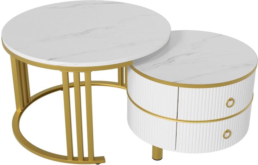 Salontafel Koffietafel Set van 2 Stuks met Stapelbaar Ontwerp Marmerlook Tafelblad en 2 Lades 70x70x46 + 50x50x40 cm Goudkleurig+ wit