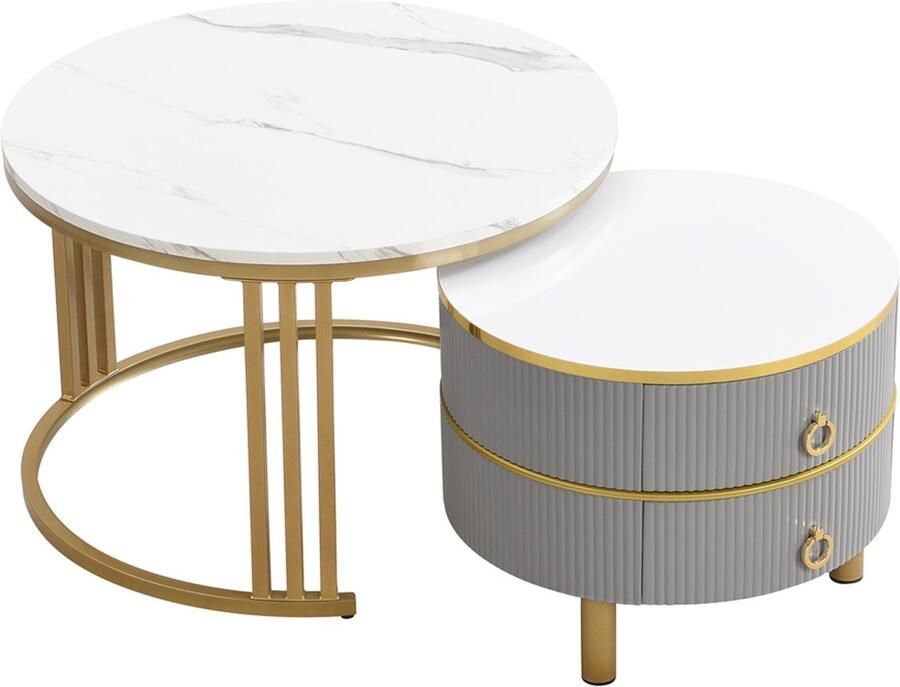 Salontafel Koffietafel Set van 2 Stuks met Stapelbaar Ontwerp Marmerlook Tafelblad en 2 Lades 70x70x46 + 50x50x40 cm Goudkleurig+ Grijs