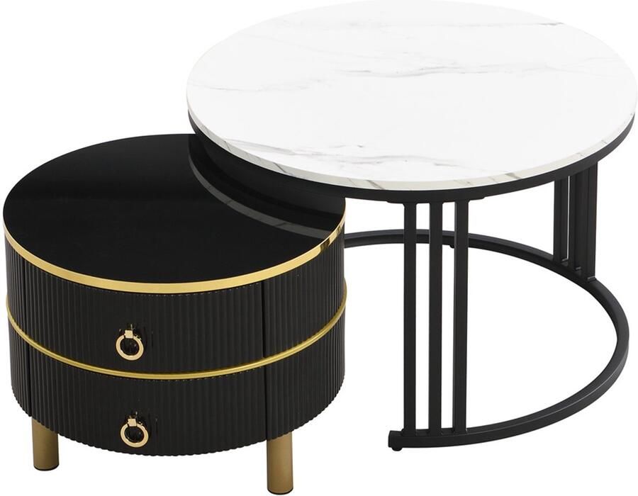 Salontafel Koffietafel Set van 2 Stuks met Stapelbaar Ontwerp Marmerlook Tafelblad en 2 Lades 70x70x46 + 50x50x40 cm Zwart