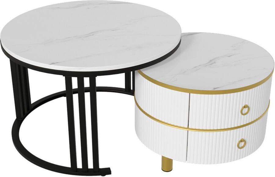 Salontafel Koffietafel Set van 2 Stuks met Stapelbaar Ontwerp Marmerlook Tafelblad en 2 Lades 70x70x46 + 50x50x40 cm Zwart+ wit