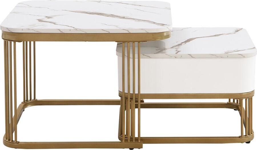 Salontafel Koffietafel Stapelbaar Ontwerp Hoogglans Faux-Marmer Tafelblad met 1 Lade 60x60x42 + 50x50x34 Wit + Goud