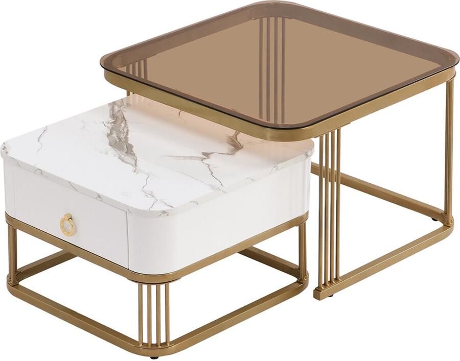 Salontafel Koffietafel Stapelbaar Ontwerp Hoogglans Faux-Marmer Uiterlijk en Glazen Tafelblad met 1 Lade 60x60x42 + 50x50x34 Wit + Goud