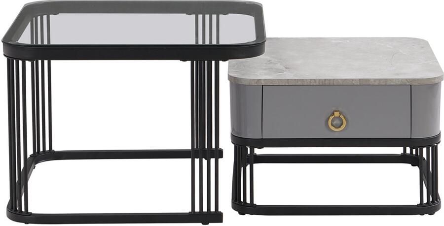 Salontafel Koffietafel Stapelbaar Ontwerp Hoogglans Faux-Marmer Uiterlijk en Glazen Tafelblad met 1 Lade 60x60x42 + 50x50x34 Zwart + Grijs