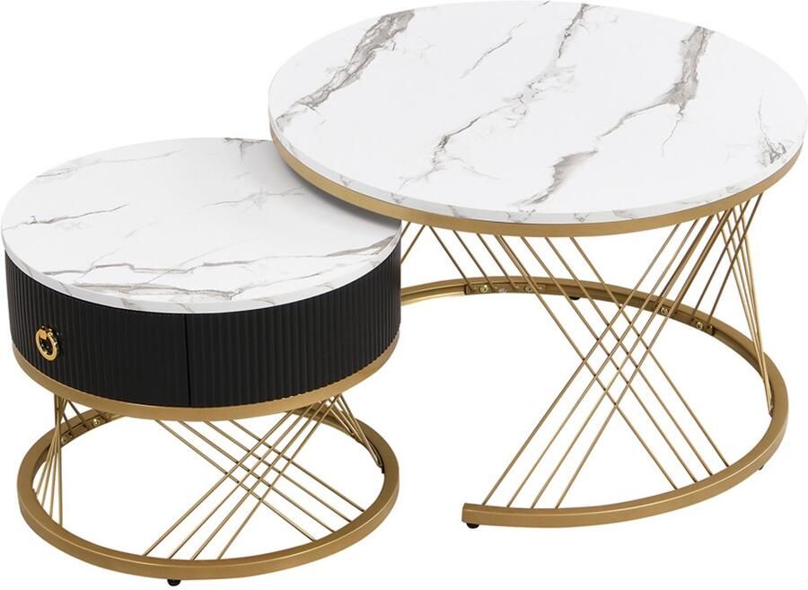 Salontafel Koffietafel Stapelbaar Ontwerp Marmerlook Tafelblad met Gouden Tafelpoten en 1 Lade 70x70x45 + 50x50x40 cm Wit+Zwart