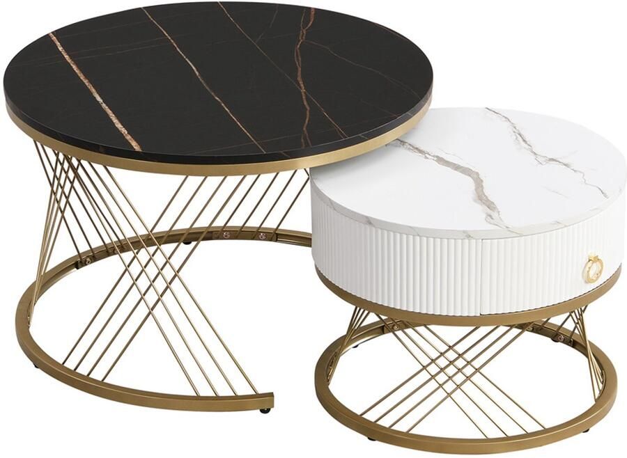 Salontafel Koffietafel Stapelbaar Ontwerp Marmerlook Tafelblad met Gouden Tafelpoten en 1 Lade 70x70x45 + 50x50x40 cm Zwart + Wit