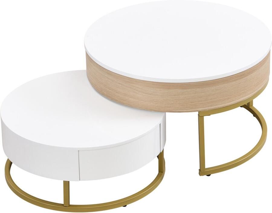 Salontafel Koffietafel Stapelbaar Ontwerp met Verstelbaar Tafelblad en 2 Lades Modern Minimalistisch Ontwerp 70x70x42-56 5 + 60x60x27 cm Houtkleur + Wit