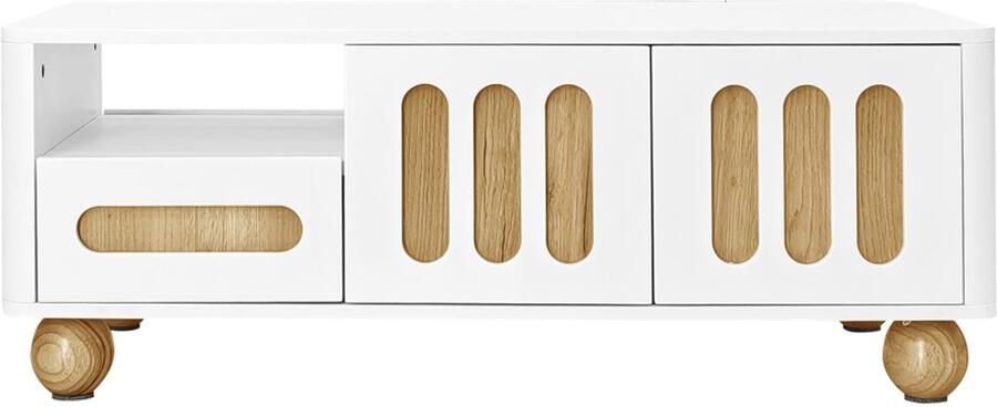 Salontafel koffietafel veelzijdige opbergtafel met kleurveranderende LED-verlichting 1 open compartiment 1 laad en 2 deuren ontwerp met afgeronde hoeken en bolvormige poten 150x50x40 cm wit