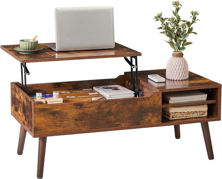 Salontafel Lift Top Verborgen Compartiment Verstelbare Opbergplank Opstaand Tafelblad Rustiek Bruin