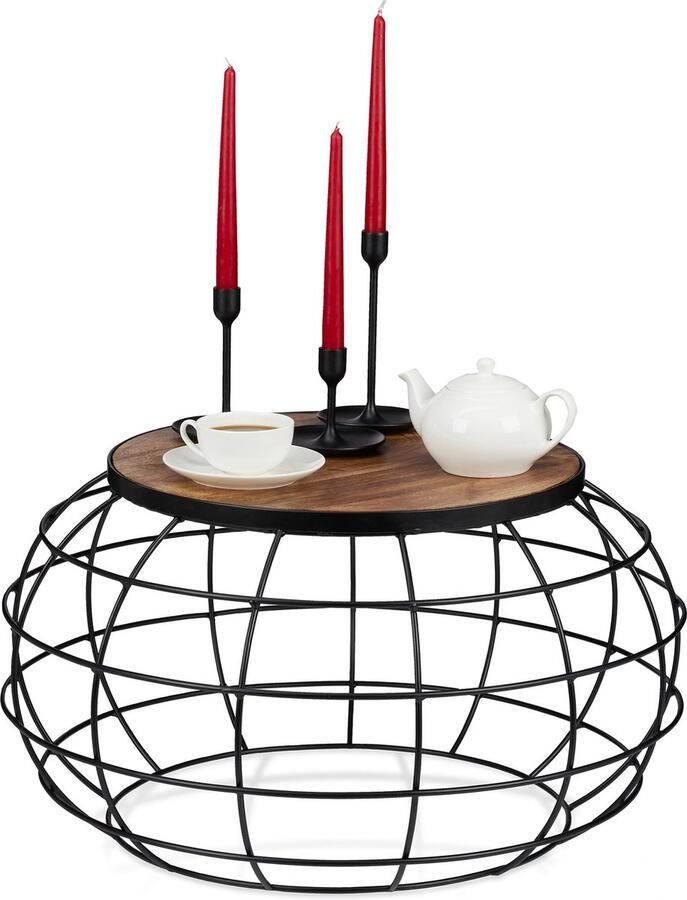 Relaxdays salontafel mangohout ronde bijzettafel industrieel design koffietafel Naturel