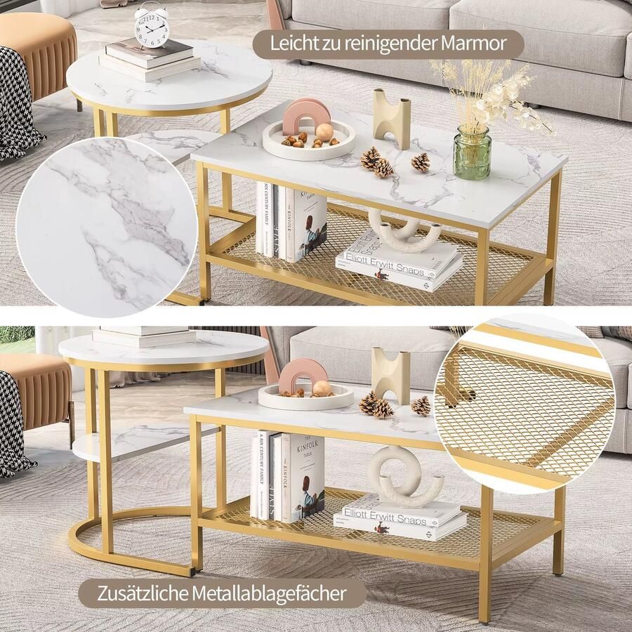 CozyLiving Salontafel Marmer Salontafel met Opbergruimte Salontafel Rond Met opslagruimte Bijzettafel Set van 2 Ø70 & Ø45cm Wit Marmer met Gouden Frame