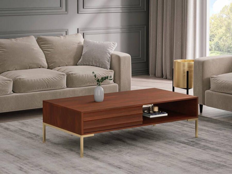 Salontafel met 1 lade en 1 vak in mangohout en goudkleurig metaal Donkere houtlook MAODISA L 120 cm x H 39 cm x D 60 cm