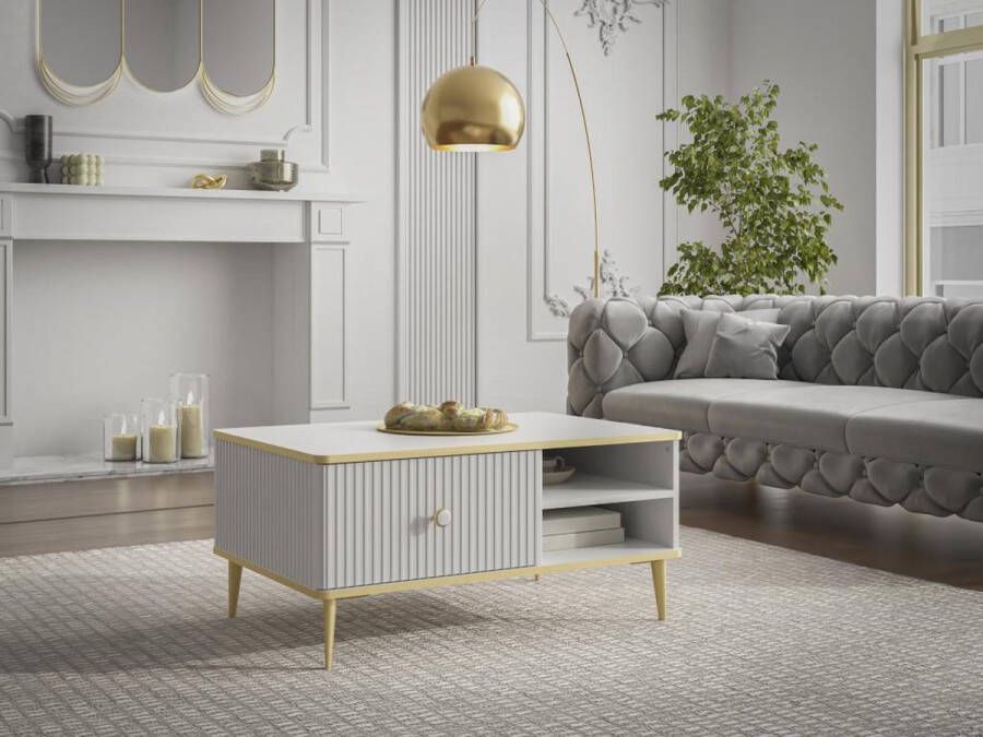 Pascal Morabito Salontafel met 1 lade en 2 nissen van mdf en staal Wit en goudkleurig SINEAD van L 90 cm x H 43 cm x D 60 cm