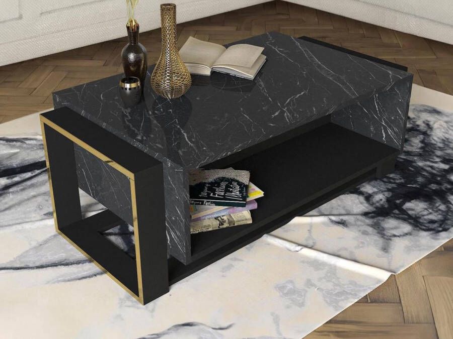 Vente-unique Salontafel met 1 vak Look van zwart marmer en goud COMEBI L 106.4 cm x H 40.4 cm x D 60 cm - Foto 2