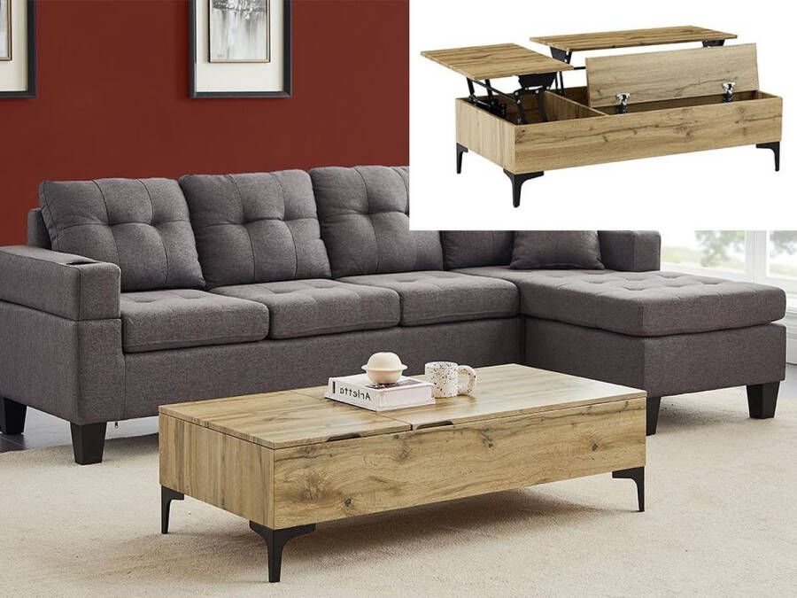 Vente-unique Salontafel met 2 afneembare tafelbladen en 1 deurtje Mdf en staal Naturel en zwart KAYLINO L 120 cm x H 33 cm x D 60 cm - Foto 2