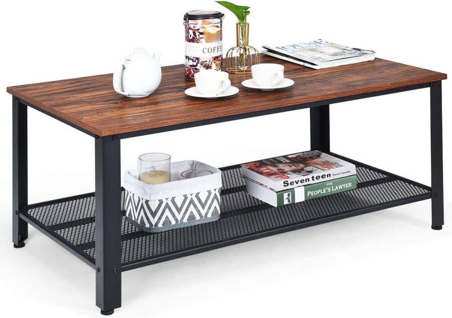 Salontafel met 2 etages salontafel met metalen frame bijzettafel voor woonkamer koffietafel in industrieel design (bruin en zwart)