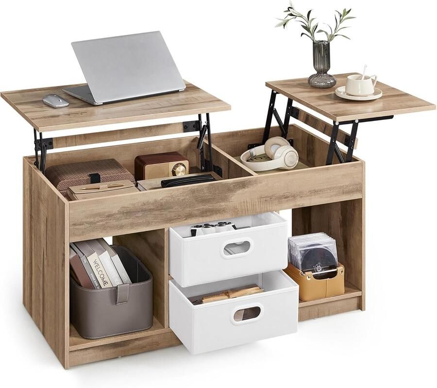 FurnStar – Salontafel – In hoogte verstelbaar – 2 laden & verborgen vakken – Moderne koffietafel – 50 x 100 x 48 62 3 cm – Camelbruin-Wolkenwit