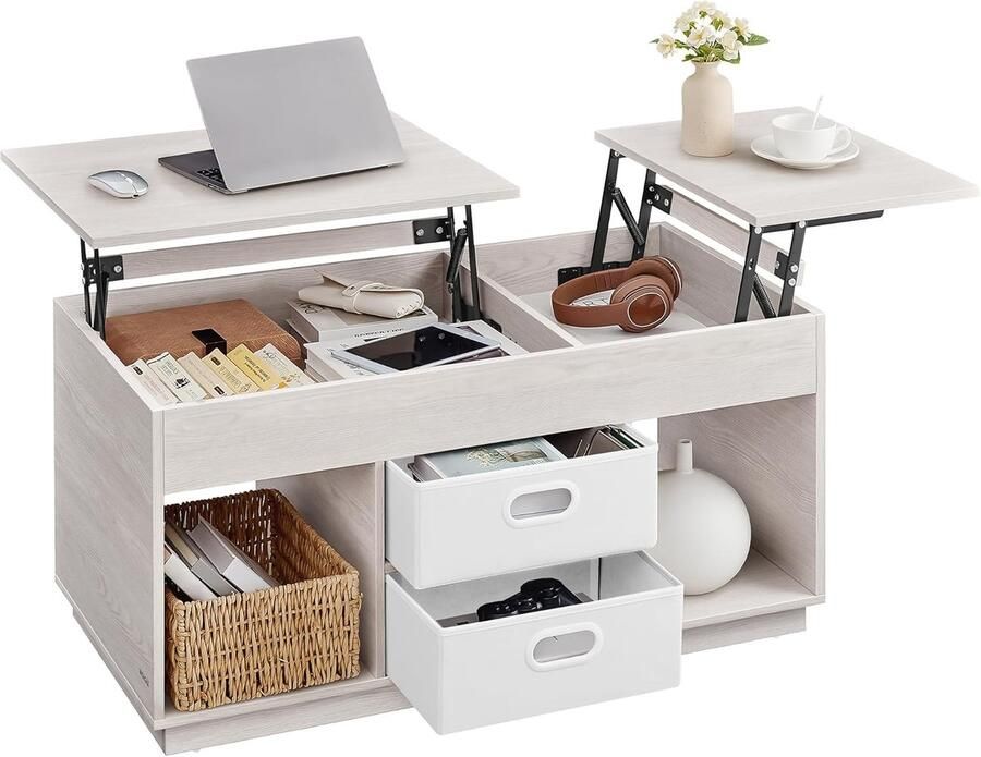 Salontafel met 2 laden – in hoogte verstelbare koffietafel met verborgen en open vakken Havermout Beige geschikt voor woonkamer of thuiskantoor