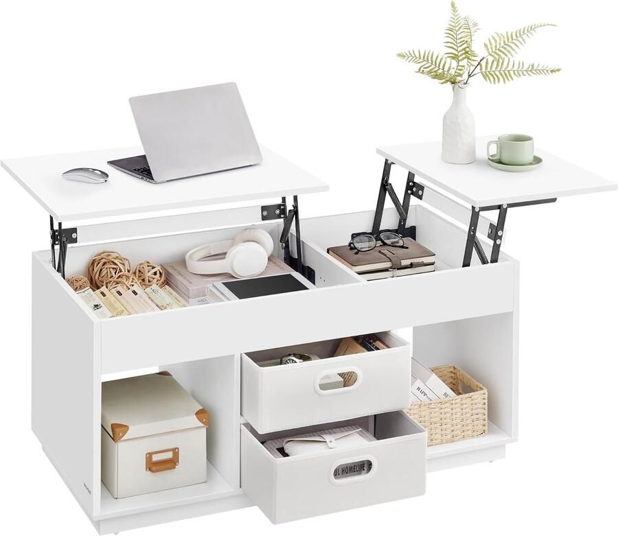 FurnStar – Salontafel – In hoogte verstelbaar – 2 laden & verborgen vakken – Moderne koffietafel – 50 x 100 x 48 62 3 cm –Sneeuwwit