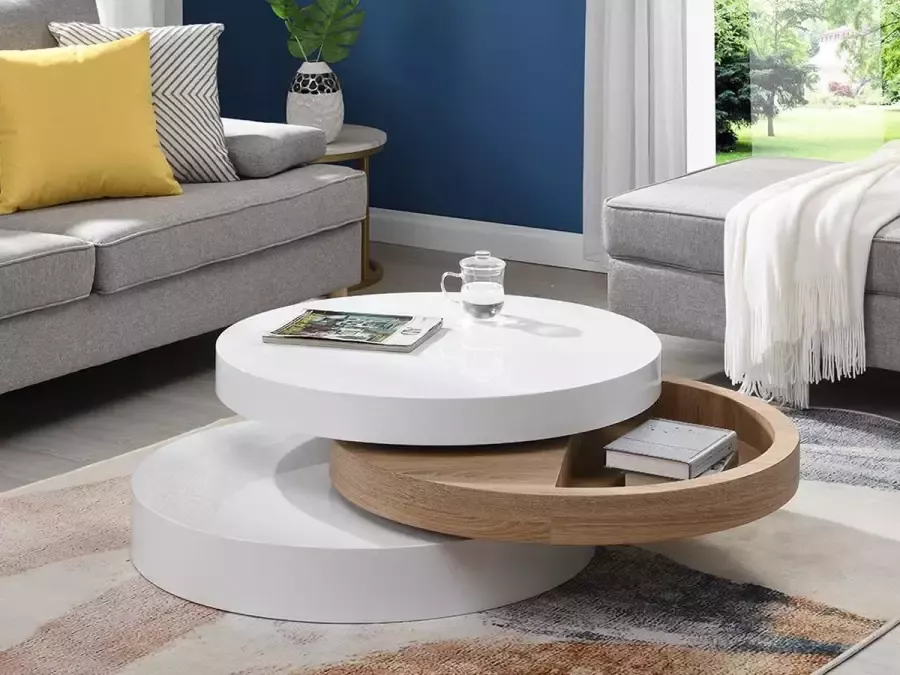 Salontafel met draaiblad JANITA MDF Eik en wit L 80 cm x H 32.5 cm x D 80 cm