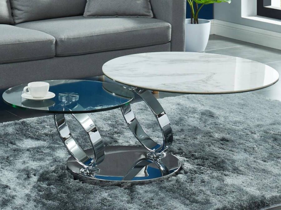 Maison Céphy Salontafel met draaiblad JOLINE Keramiek en gehard glas Wit marmereffect L 131.5 cm x H 42 cm x D 80 cm