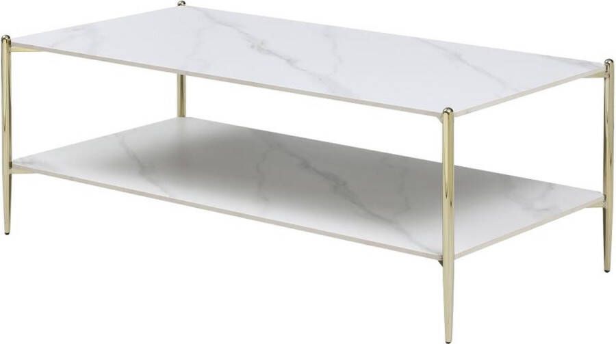 Salontafel met dubbel tafelblad van keramiek en metaal Wit marmereffect en goud MADOLA L 120 cm x H 45 cm x D 60 cm