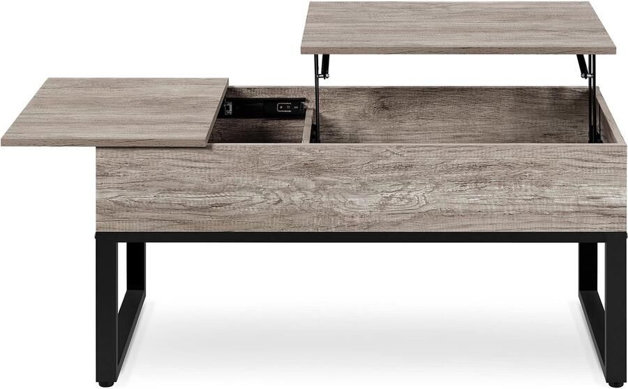 Salontafel met in hoogte verstelbare plaat lift top koffietafel woonkamertafel gescheiden verborgen opbergruimte sofastafel metalen frame robuust grijs