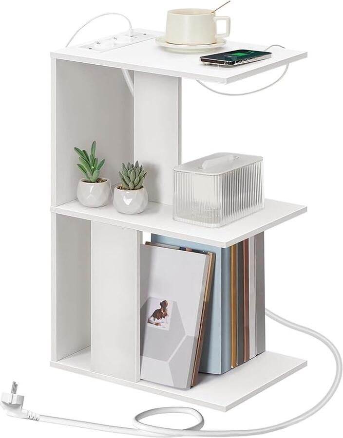 Salontafel met oplaadstation C-vormige bijzettafel met oplaadbare LED-sensorlamp bijzettafel met opbergrekken ruimtebesparend voor slaapkamer en woonkamer Wit