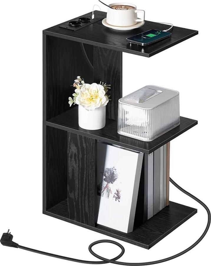 Salontafel met oplaadstation C-vormige bijzettafel met oplaadbare LED-sensorlamp bijzettafel met opbergrekken ruimtebesparend voor slaapkamer en woonkamer zwart