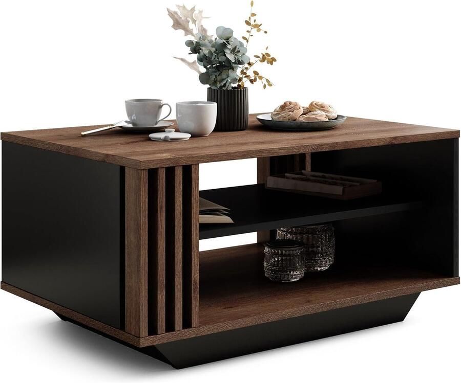 Salontafel met Lamellen en Opbergruimte – Bruine Eik & Zwart – Moderne Koffietafel voor de Woonkamer