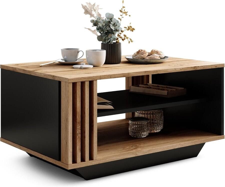Salontafel met Lamellen en Opbergruimte – Bruine Eik & Zwart – Moderne Rechthoekige Koffietafel voor de Woonkamer